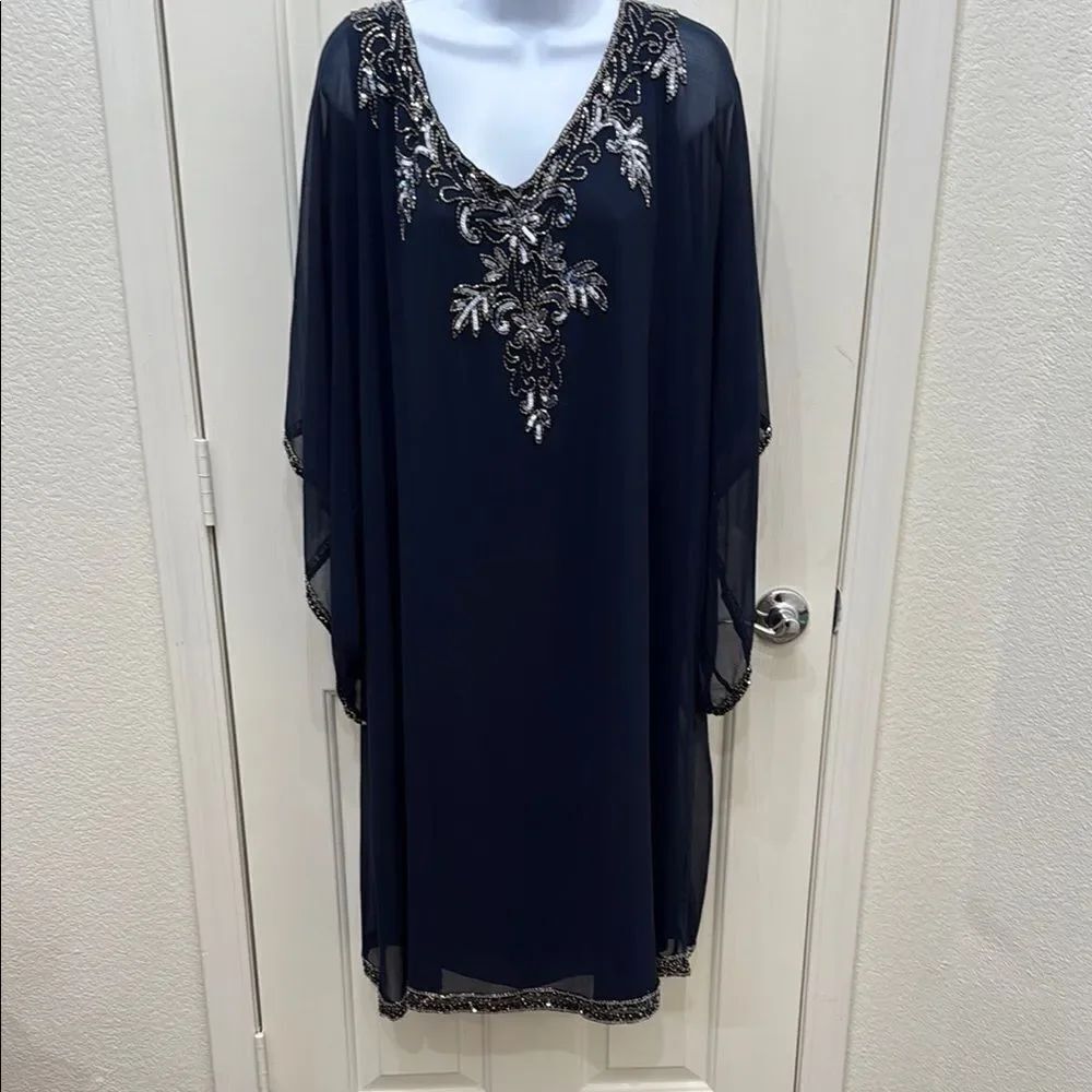 Jkara Elegant Navy Mercury Beaded Embellished Midi Dress Sheer Kaftan Plus 24W